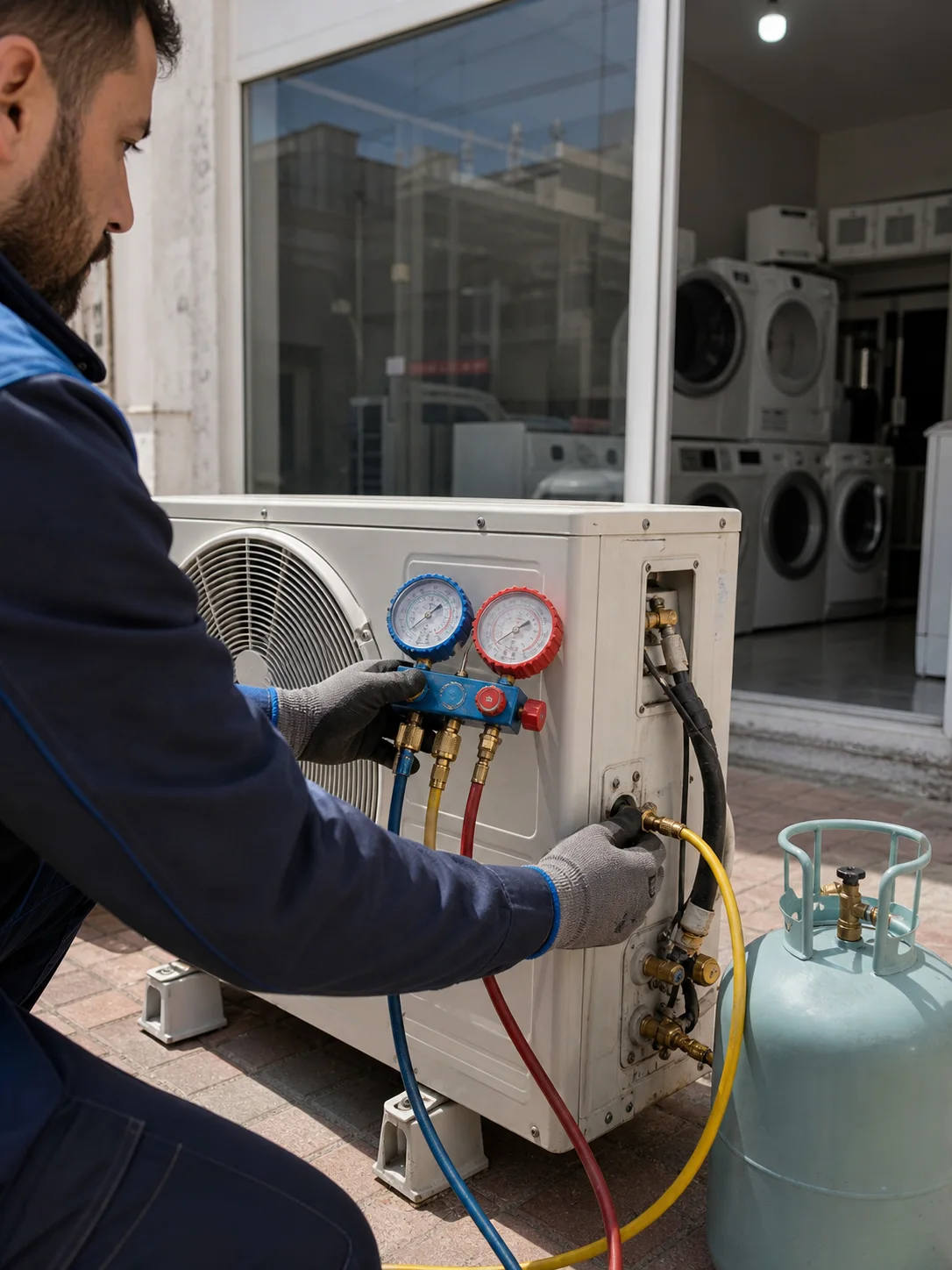 Klima dış ünitesinde manifold saatleriyle gaz basımı yapan teknik servis